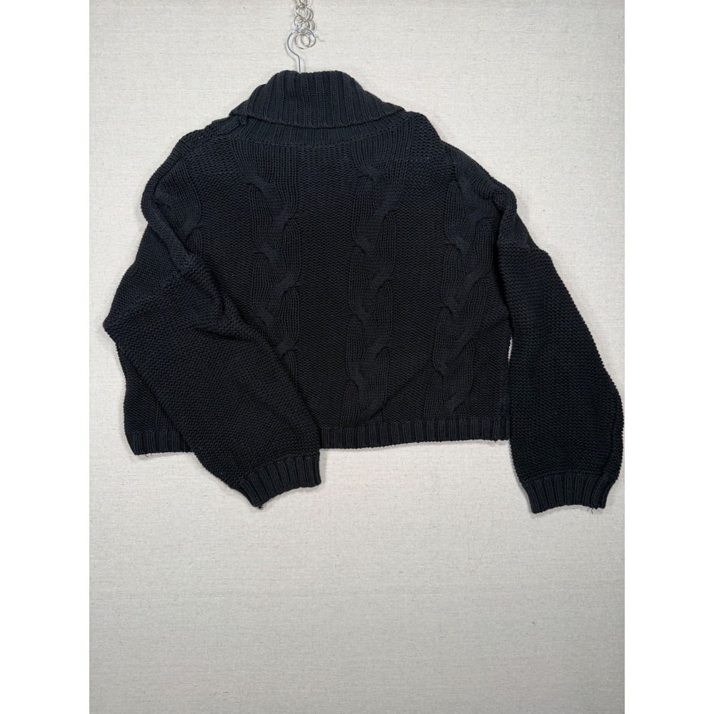 Black Cable Knit Turtleneck Cropped Sweater Cotton Blend Large